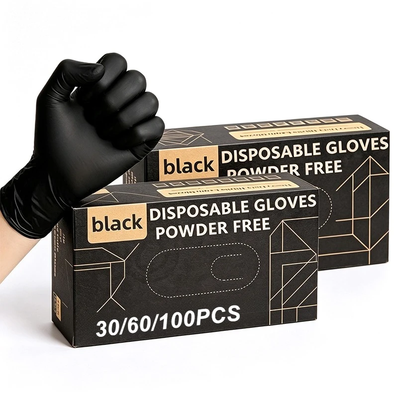 30/60/100PCS Disposable Black Nitrile Gloves Cleaning Hairdressing Disposable Black Nitrile Gloves Waterproof Dishwashing