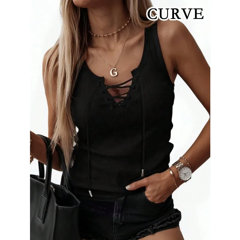 

Plus Size 1XL-5XL Women Fashion Drawstring Cross Hollow Out Outerwear Vest Round Neck Slim Female Casual Tank Top