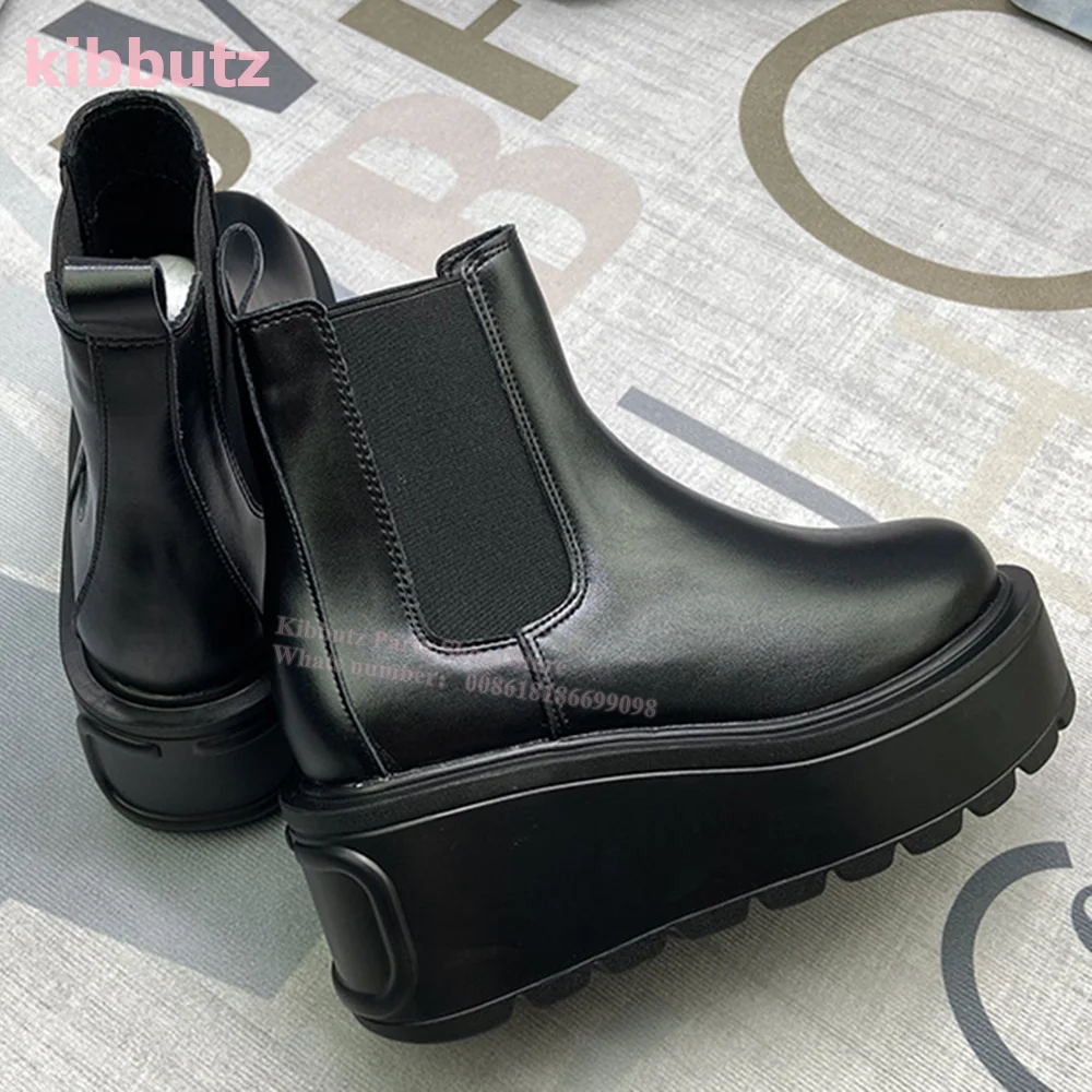 

Matte Black Chelsea Ankle Boots Genuine Leather Slip-On Round Toe Height Increasing Fashion Elegant Sexy Women Shoe 2023 Newest