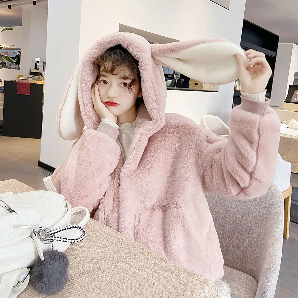 Plus Velvet Thick Bomber Coat Female Autumn Winter Loose Cute 3D Long Rabbit Ears Faux Fur Jacket Cardigan Crop Tops Furry Parka