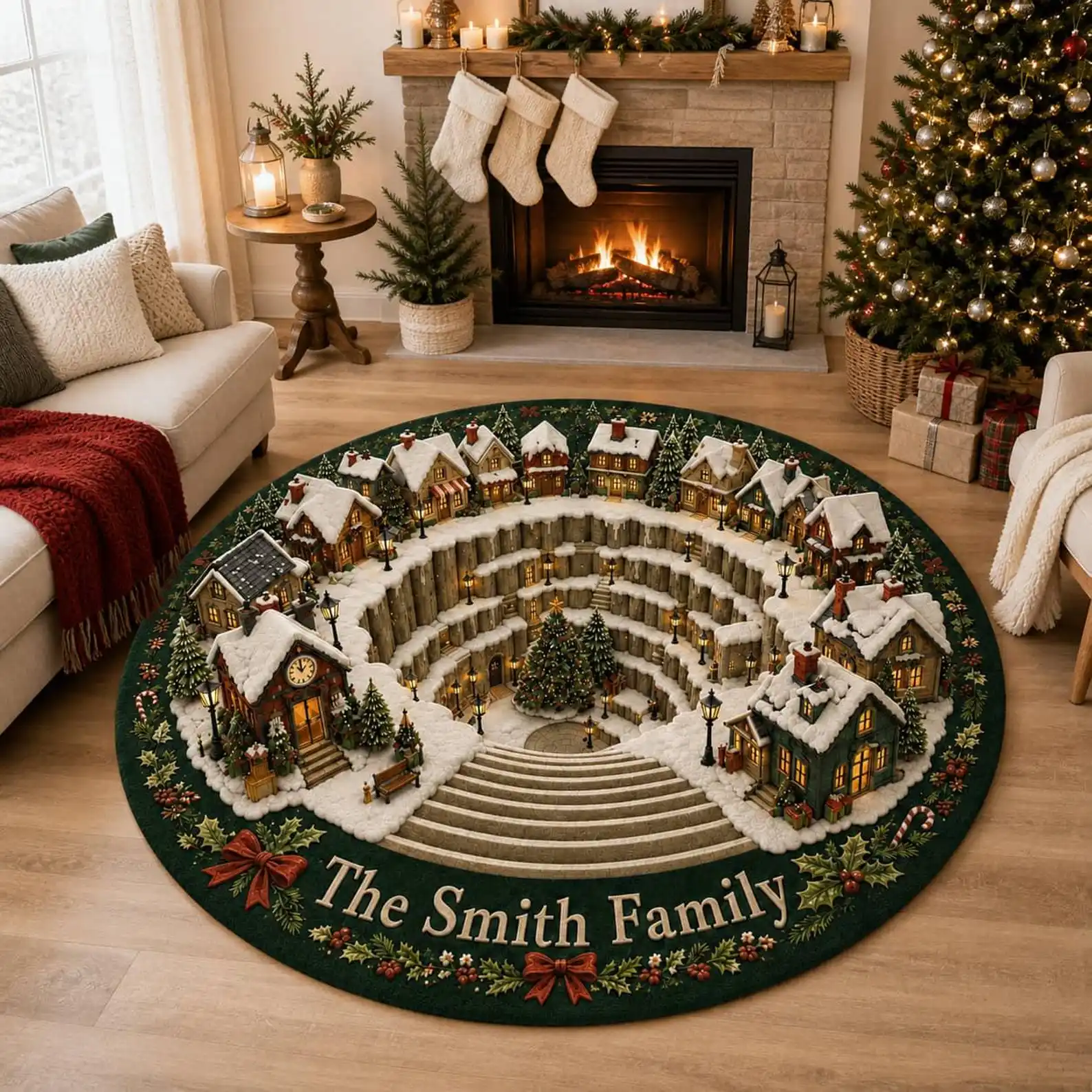 1PC Christmas Town 2D Illusionary Printed Circular Carpet, Winter Snowy Cottage, Christmas Tree, Holly Bow Flat Printed Carpet, Christmas Home Decoration, Suitable for Living Room, Bedhead, Bedroom, Entrance Christmas Floor Mat, Holiday Party