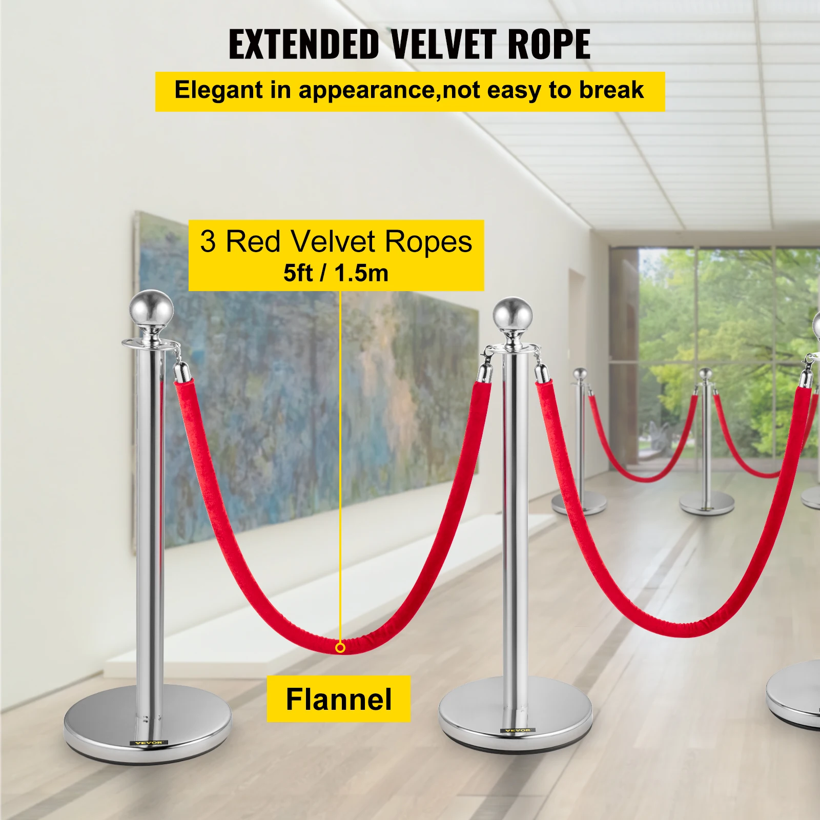 VEVOR 38Inch 4pcs Silver Stanchion Posts Queue Red Velvet Rope Crowd Control Line Barriers with Stable Base for Party Supplies