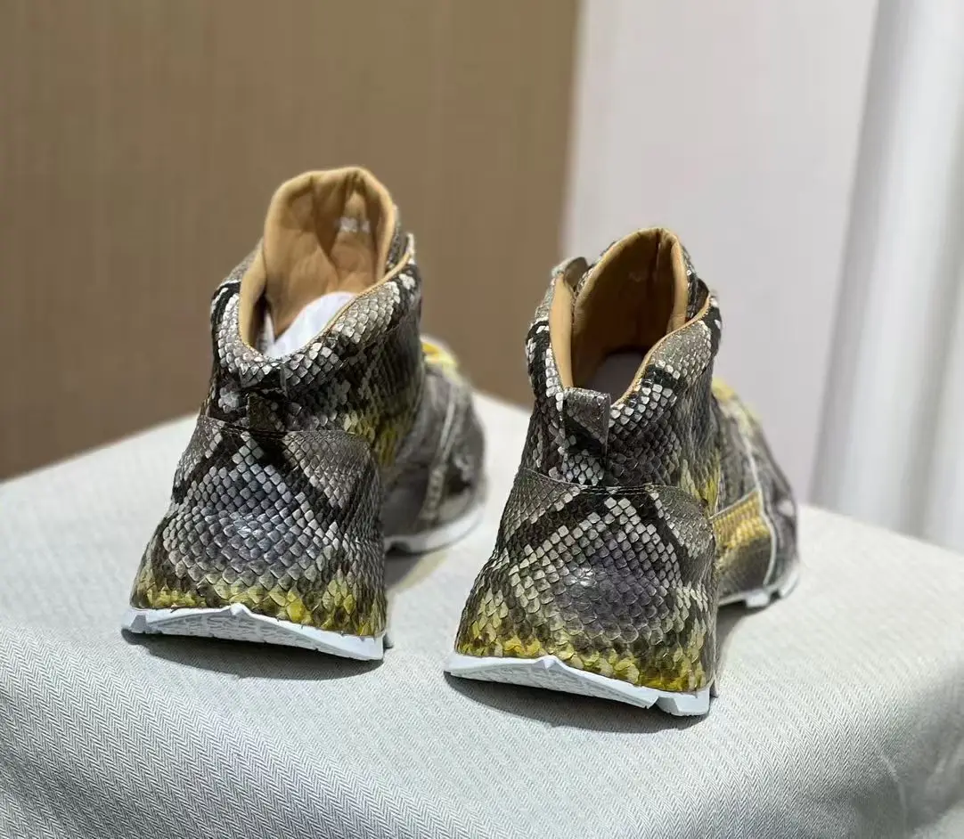 حذاء رجالي أصلي من جلد الثعبان الحقيقي، حذاء رياضي رجالي عالي الجودة من جلد الثعبان باللون الذهبي والأصفر مع بطانة بقرة #4