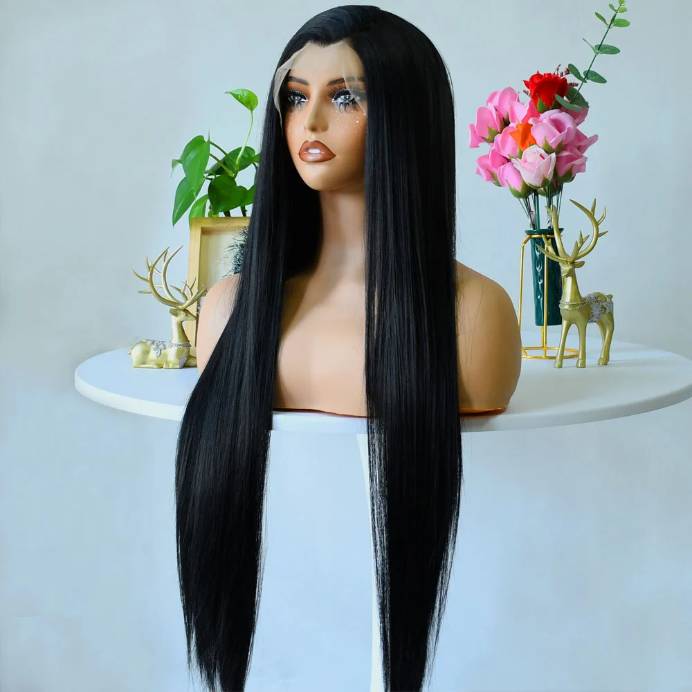 Длинный прямой черный парик фронта шнурка Натуральный черный HD Предварительно выщипанный 30-дюймовый 13x4 Синтетический парик фронтальной части шнурка для женщин Бесклеевой