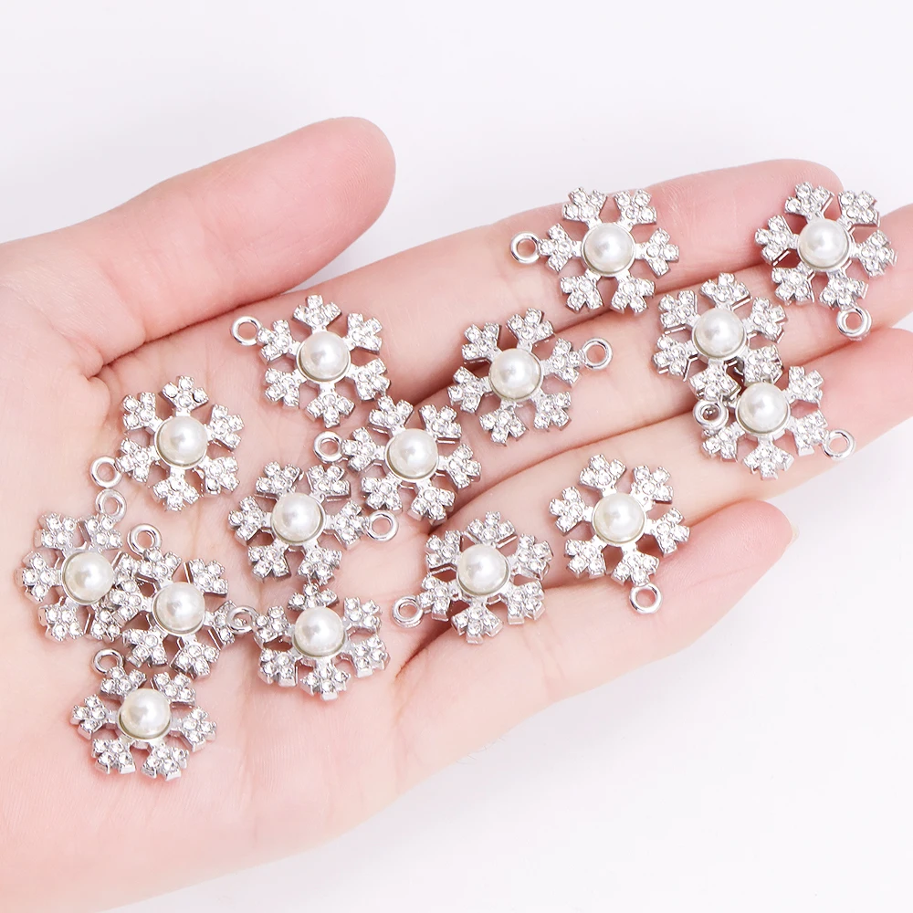 10Pcs Delicate Pearl Zircon Snowflake Pendant Alloy Metal Charms for Diy Jewelry Making Necklaces Earrings Craft Accessories