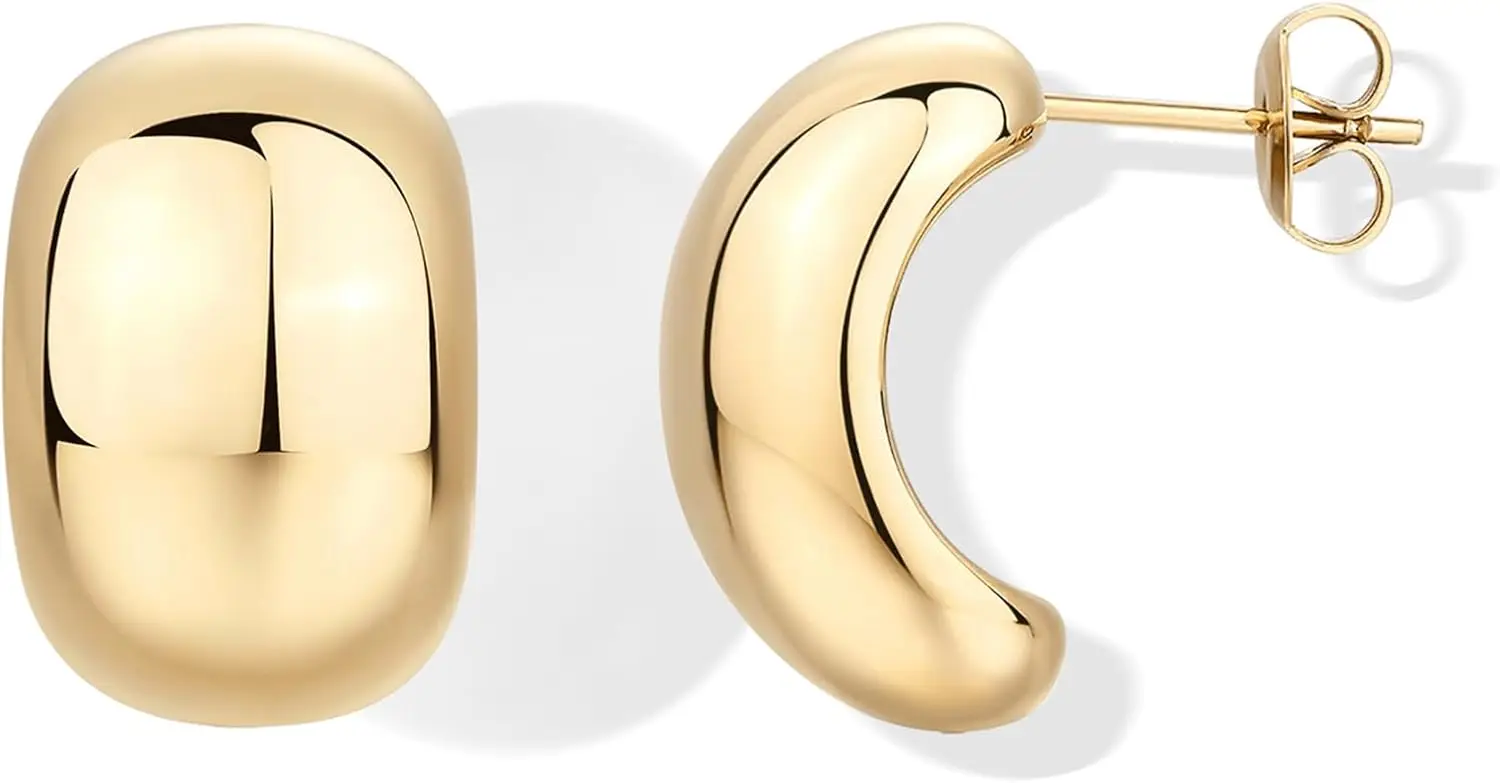 

Waterproof Hoop Earrings for Women - 14K Gold Plated Chunky, Dome, Square, Twisted Huggie Hoops