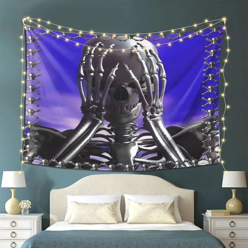 VIKAMA Wall Tapestry Cyber Metal Face Covering Skull Tapestry Purple Blue Skyline Chain Skull Frame Printed Print Tapestry