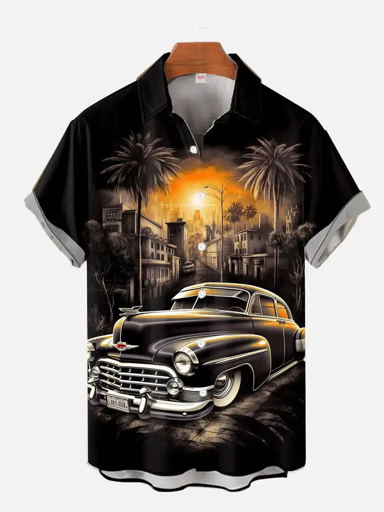 1970s-1980s Car Posters Retro Hawaiian Beach Denim Printed Shirt Retro Fashion Hawaiian Men's Button Collar Shirt