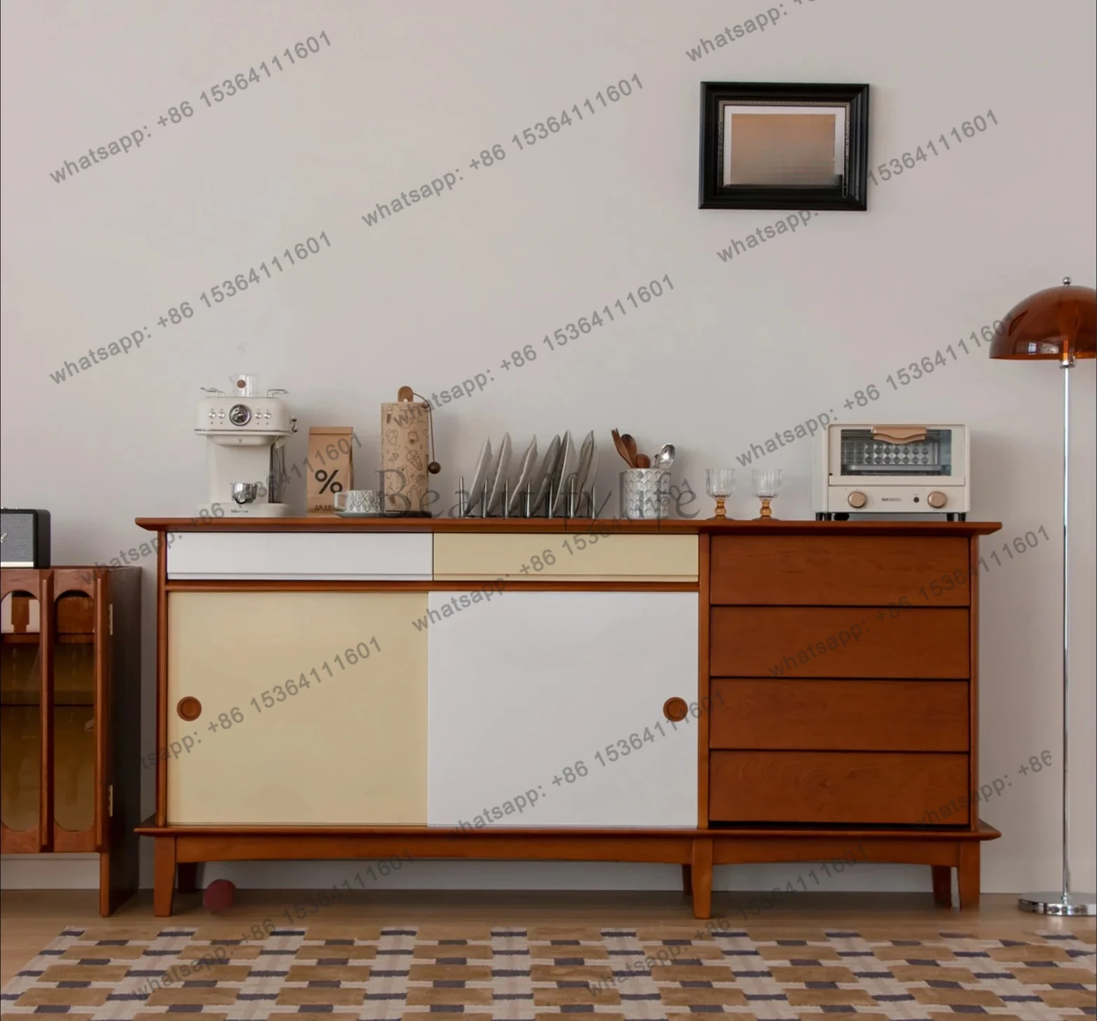 

Medieval small apartment solid wood storage locker sliding door tea cabinet cherry wood retro dining side cabinet