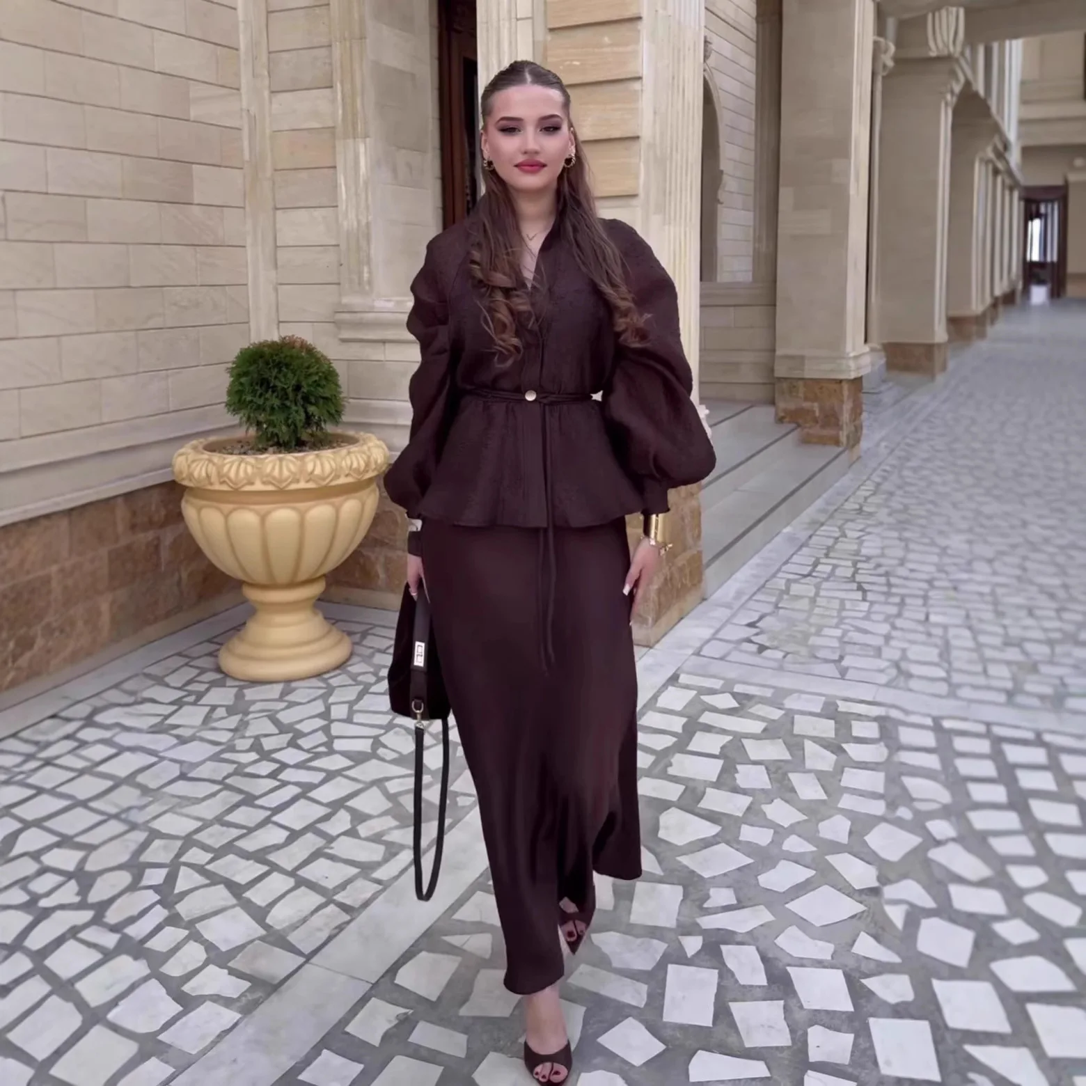 Women Two Piece Sets Skirt Set Full Lantern Sleeve V Neck Belt Tops Skirts A Line High Waist Y2k Streetwear Elegant Work Spring image 2