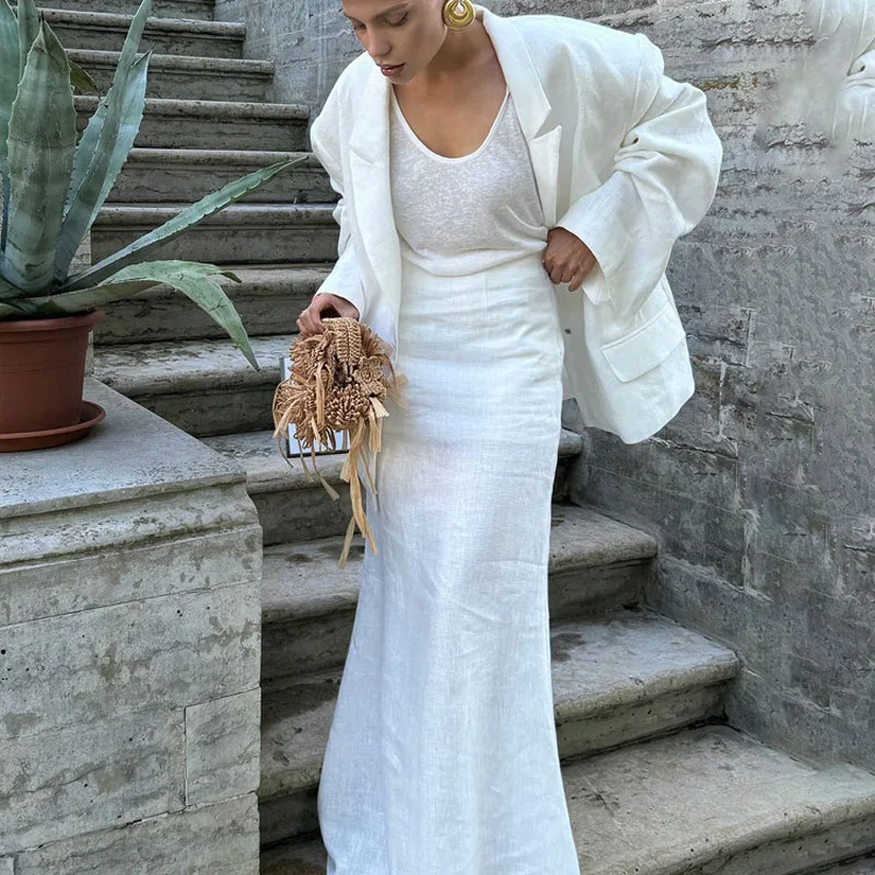 

Осенний высококачественный костюм с длинной юбкой из хлопка и льна, женский костюм с лацканами и длинными рукавами, куртка, комплект из двух предметов в стиле поездок на работу