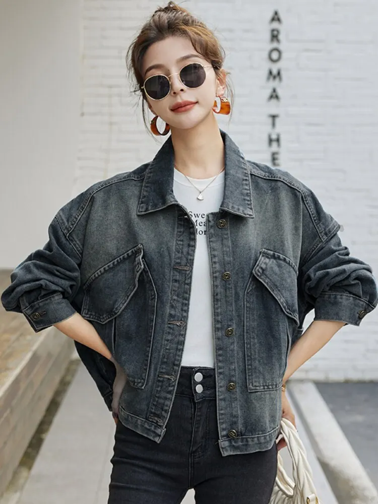 Loose Women's Denim Jacket Long Sleeve Short Outerwear Autumn New Style Casual Breathable Button Pocket Detail Ladies Coat