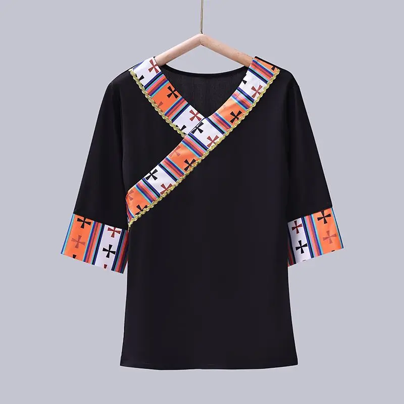 The Zang – hauts de nationalité d'été, vêtements de danseuse de la minorité chinoise, vêtements de Festival élastiques à manches courtes