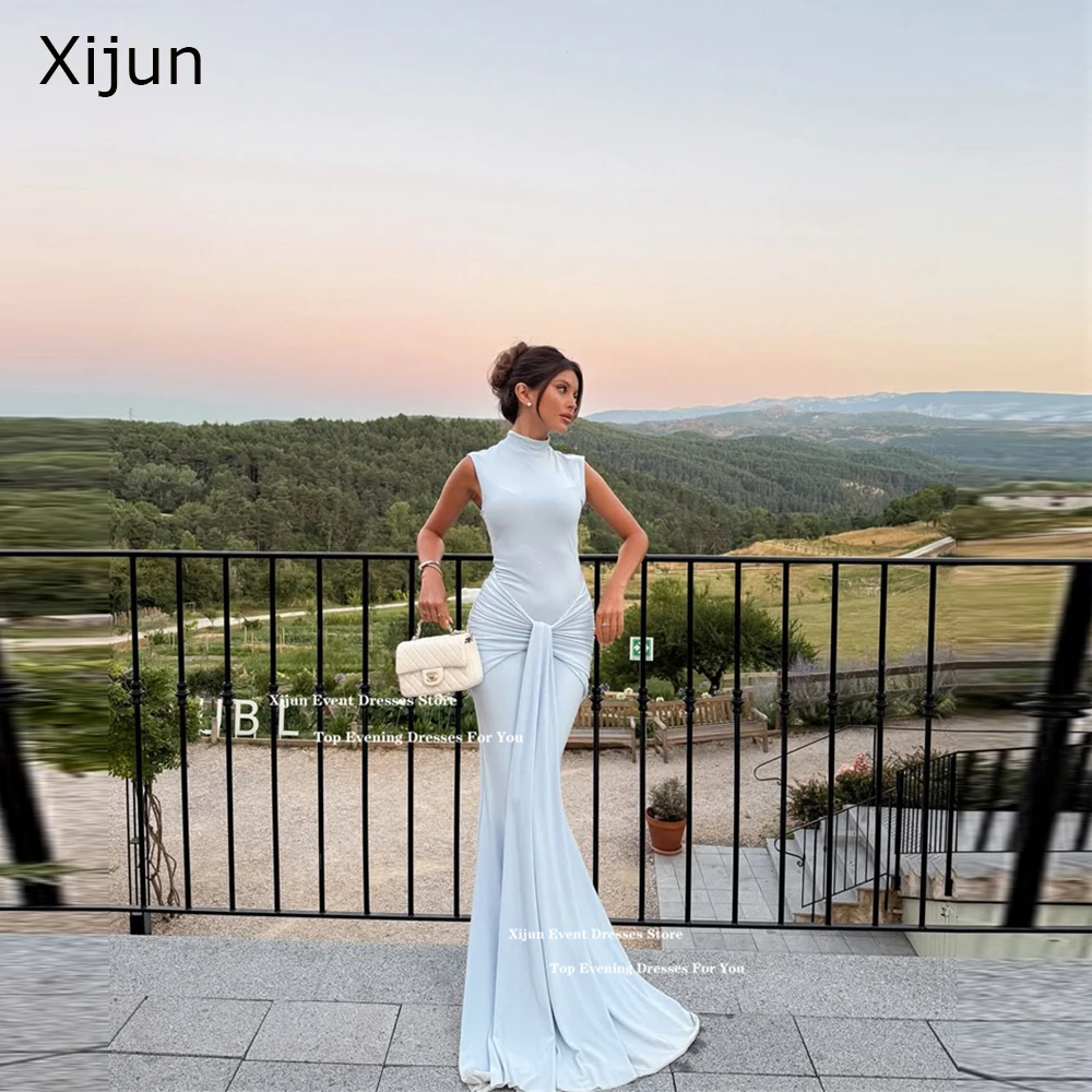 

Xijun Baby Blue Elastic Crepe Evening Dresses Sleeveless Pleated Mermaid Long Prom Dresses High Collar Dubai Prom Gowns Customiz