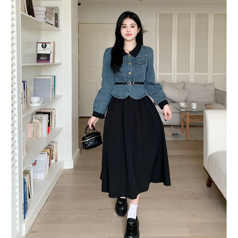 

Casual Two-piece Set For Women Denim Jacket Tops And Skirt Female Spring Autumn Large Size 4XL Coffee Black Slim Matching Suits