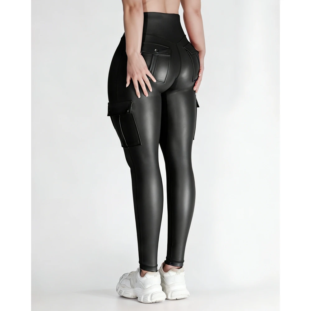 Sexy Cargo Pockets Faux Leather Leggings for Women Shaping High Waist Slimming Exercise Pants Running Yoga Sports Christmas Gift - Image 4