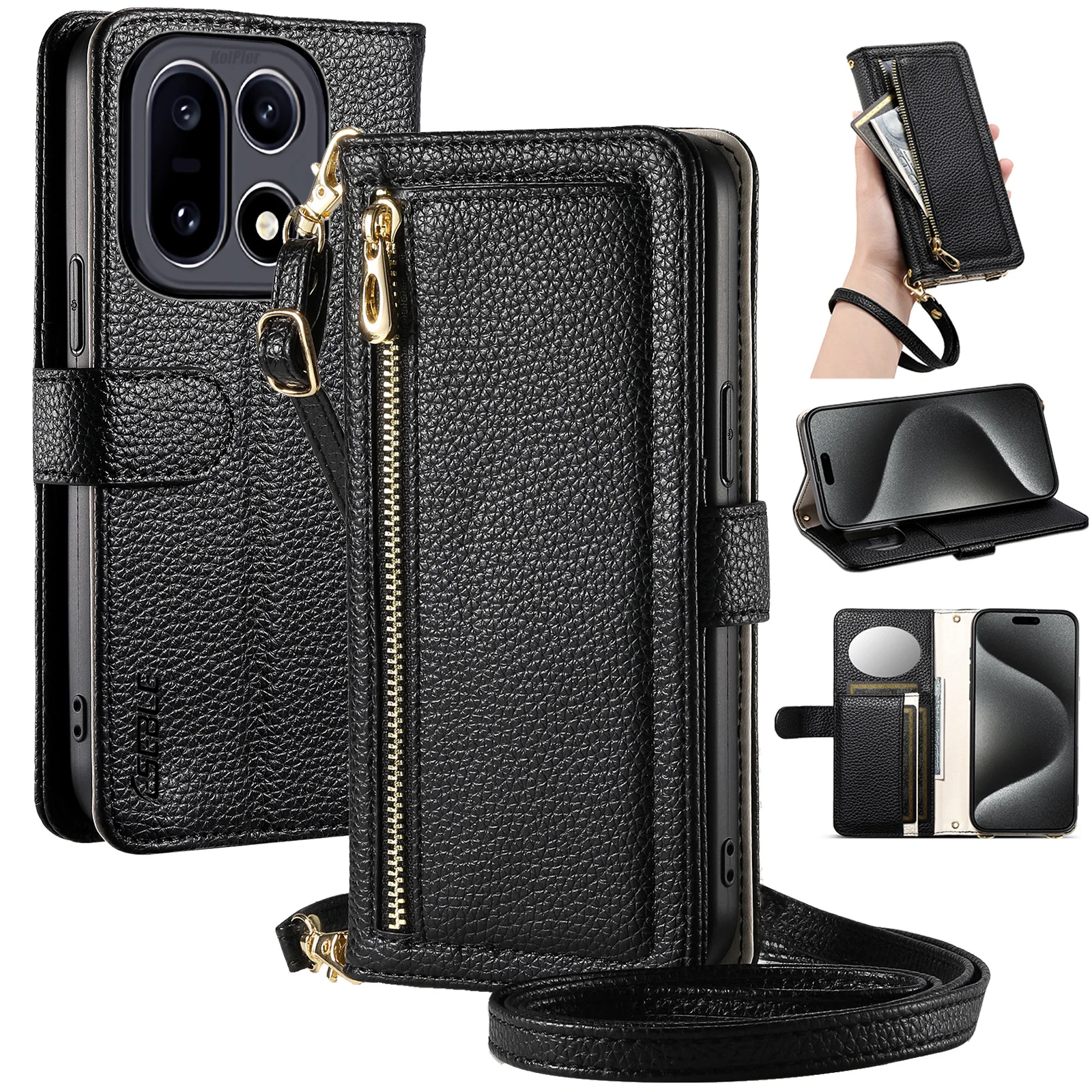 

Кожаный флип-чехол через плечо с держателем для карт и чехлом для Oneplus 15 13 1 + 15 5G с зеркалом Makepu