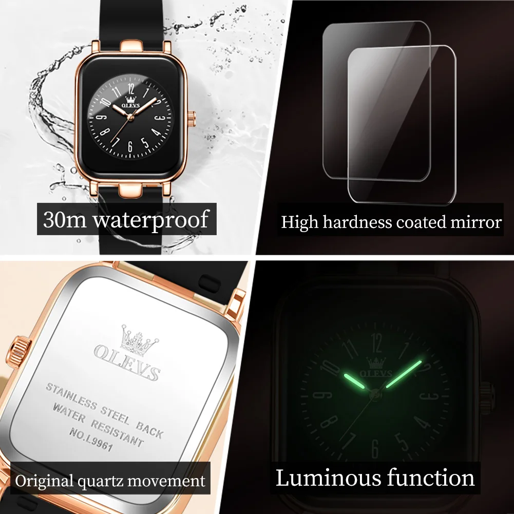 OLEVS 9961 Original Quartz Watch for Women Fashion Silicone Strap Square Digital Dial Waterproof Luminous Ladies Wrist Clock Hot