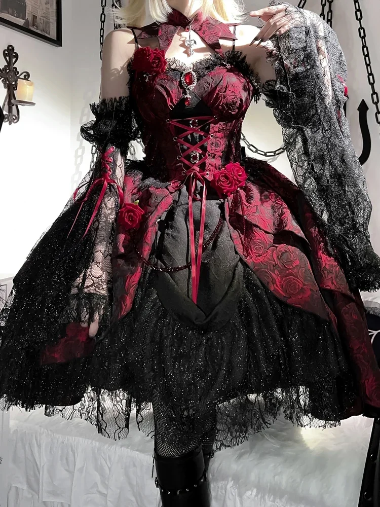 Original Rose Dish Jsk Lolita gótico oscuro negro y rojo Jacquard subcultura vestido de corte Lolita 2025 nuevo vestido de Lolita para mujer