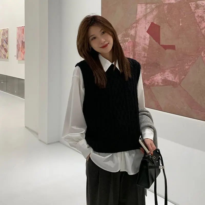 Women's Knitted Twisted Vest Loose Fit Versatile Sweater Top Autumn Winter New Sle Layering Clothing round Ne Commute Sle