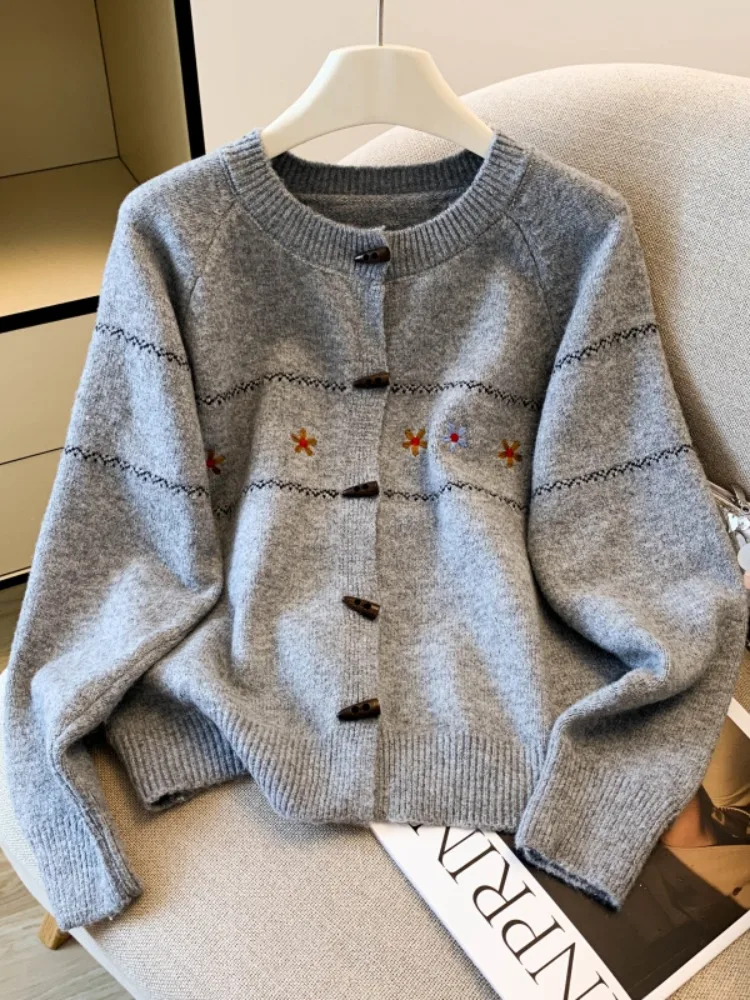 Loose Knitted Cardigan Women's Embroidered round Neck Short Shoulder Ladies Spring Autumn Outer Top Buttoned Long Sleeve