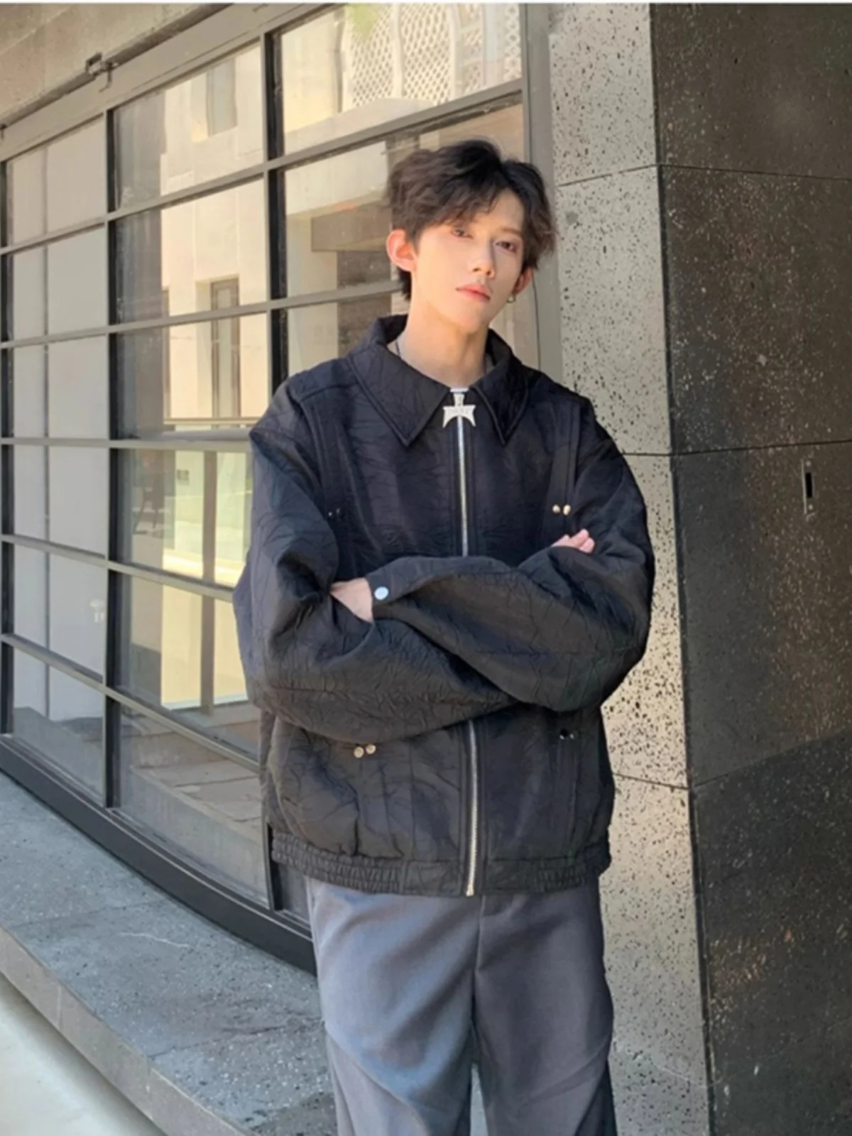 

Bla ort Baseball Sle Men's Jaet Vintage Collar Pleated Design American Pilot Coat Loose Fit Summer Polyester Nylon Co...