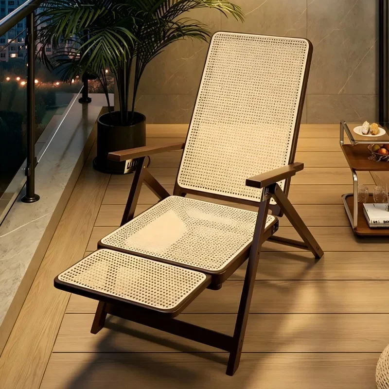Creative Rattan-woven Chaise Lounge Folding Reclining Chair Single Person Armchair Backrest Chair Lunch Break Seat Living Room F