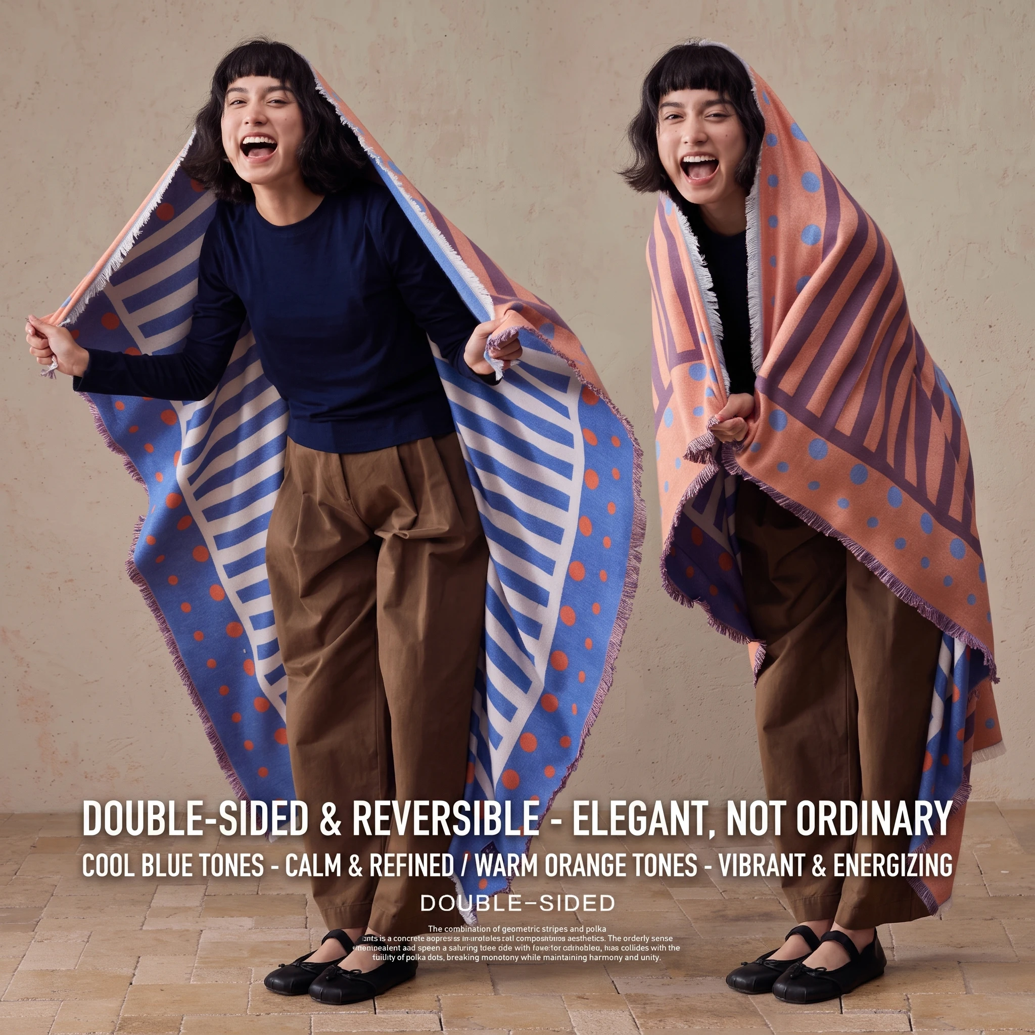 Outdoor fashion reversible blanket Nordic blue and orange! (Type A fabric) Short tassel large shawl scarf for women thickened