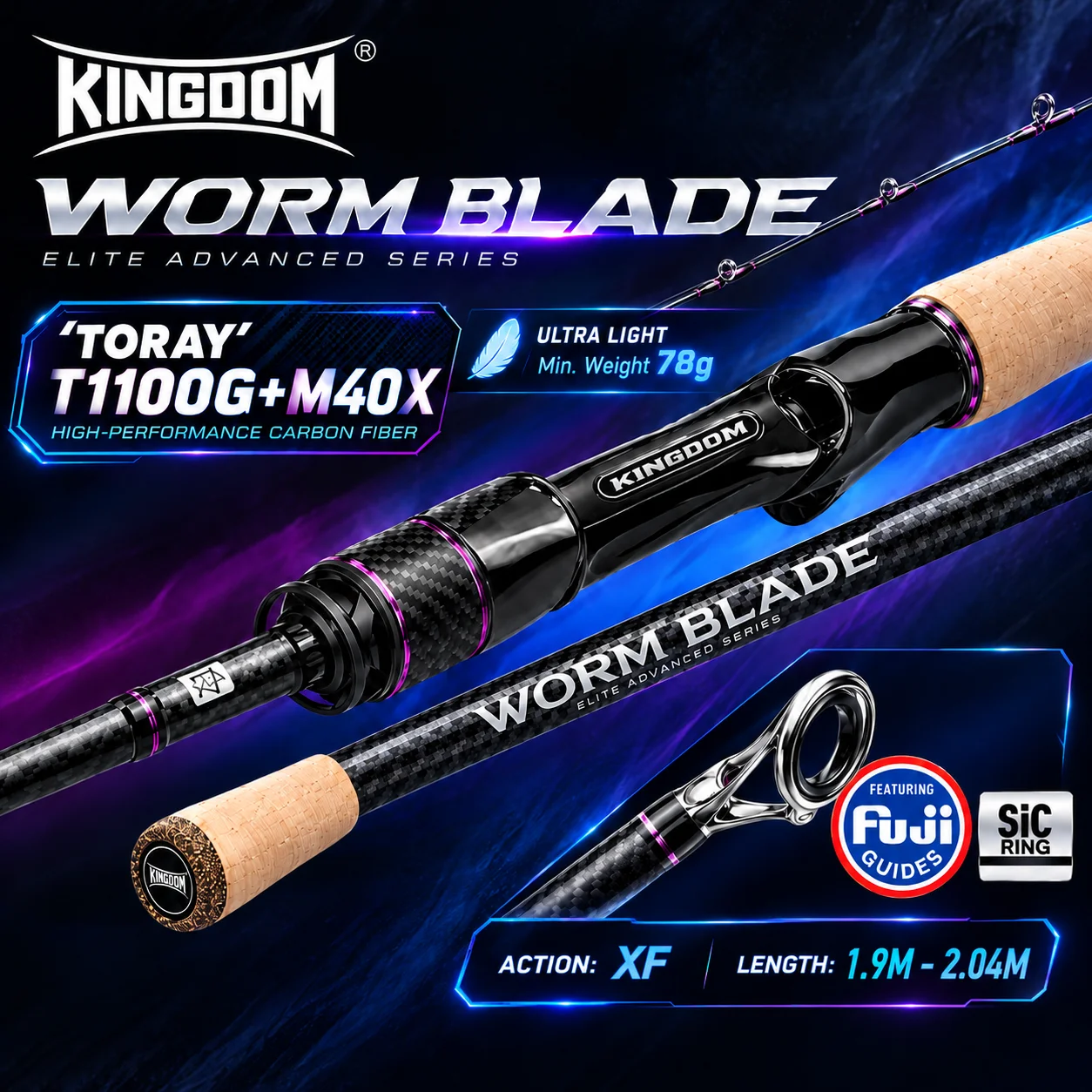 KINGDOM WORM BLADE Fishing Rod Ultra Light Carbon Toray T1100G+M40X FUJI SIC Guide XF Action 1.9M-2.04M Casting Spinning Rod