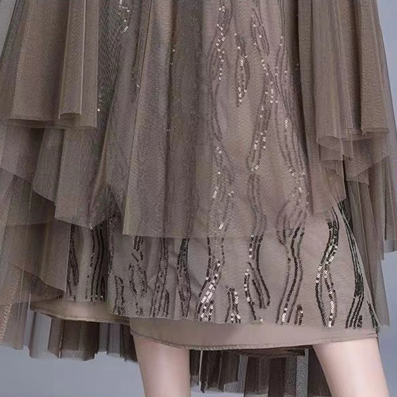 Elegante preto longo tule saias femininas casual cintura alta uma linha faldas largas coreano y2k roupas comprimento médio plissado saia alargamento