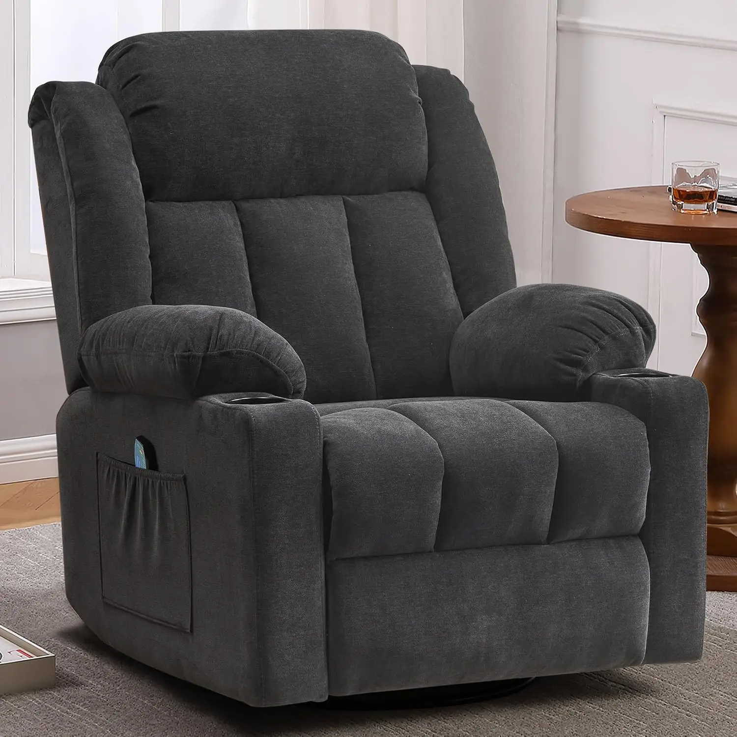 Overstuffed Manual Recliner Glider Rocker Swivel Chair with Massage & Heat, Soft Fabric Living Room Sofa, Black, Customized