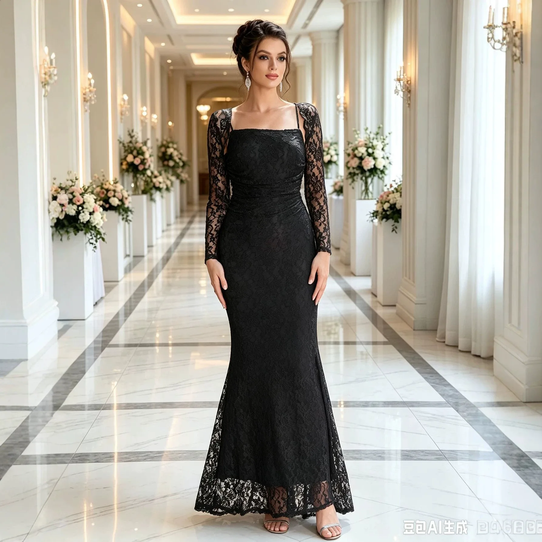 A3542026 Autumn. And Winter New Women's Elegant Lace Slim-fit Long-sleeved Square-neck Evening Clothes Femme Vestidos Y2k、