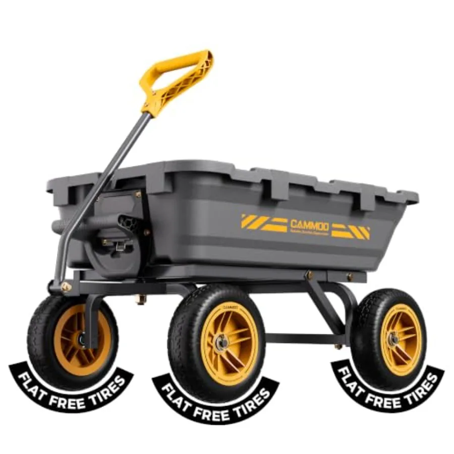 Garden dump cart wheelbarrow wagon: 10-in NO-Flat tires, polyurethane material, black, 900lb capacity, puncture-resistant