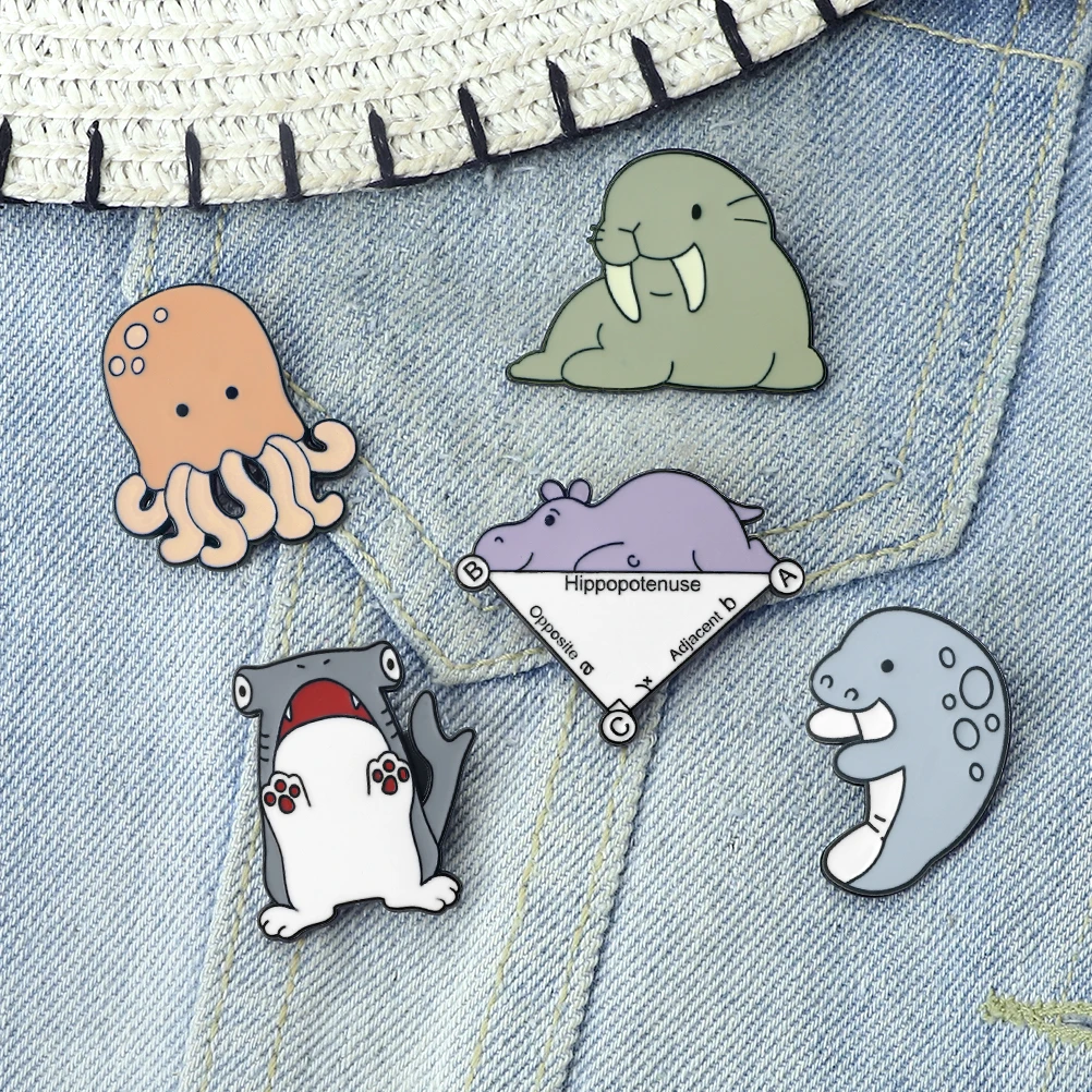 Cute Marine Animals Lapel Pins Brooch Standing Shark Cartoon Walruses Jellyfish Dolphin Enamel Badge Funny Jewelry Gift for Kids