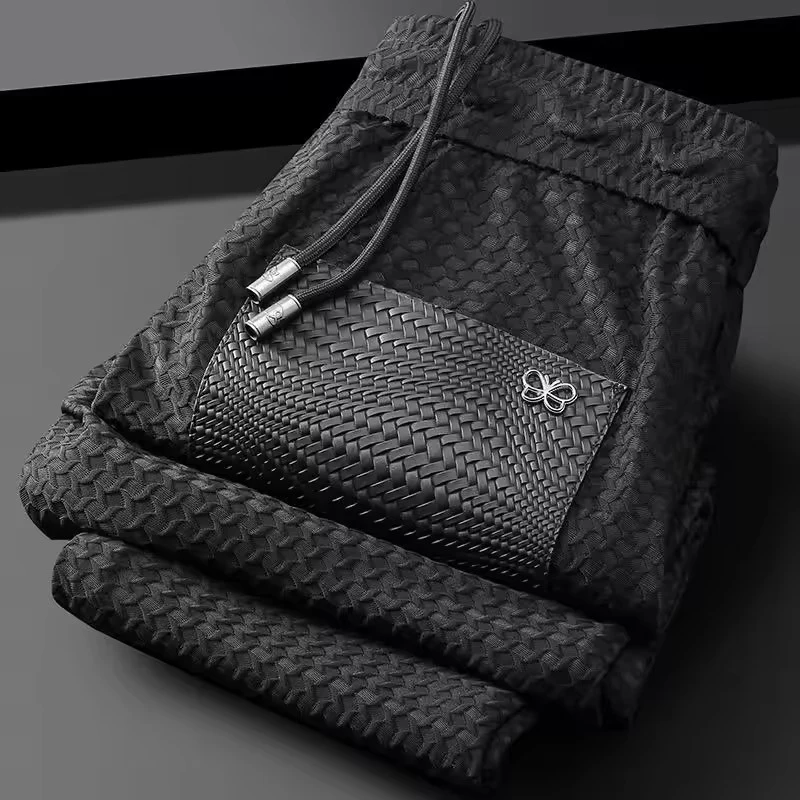 Thin Ice Silk Men's Pants High Quality Plaid Solid Color Casual Trousers Summer Slim-fit Quick-drying Sweatpants Man 5XL