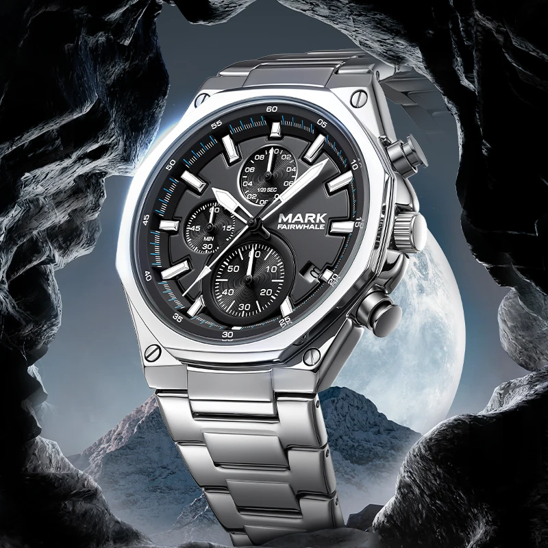 

MARK FAIRWHALE Fashion Stainless Steel Band Men's Quartz Watch Multifunctional Chronograph Octagon Dial Waterproof