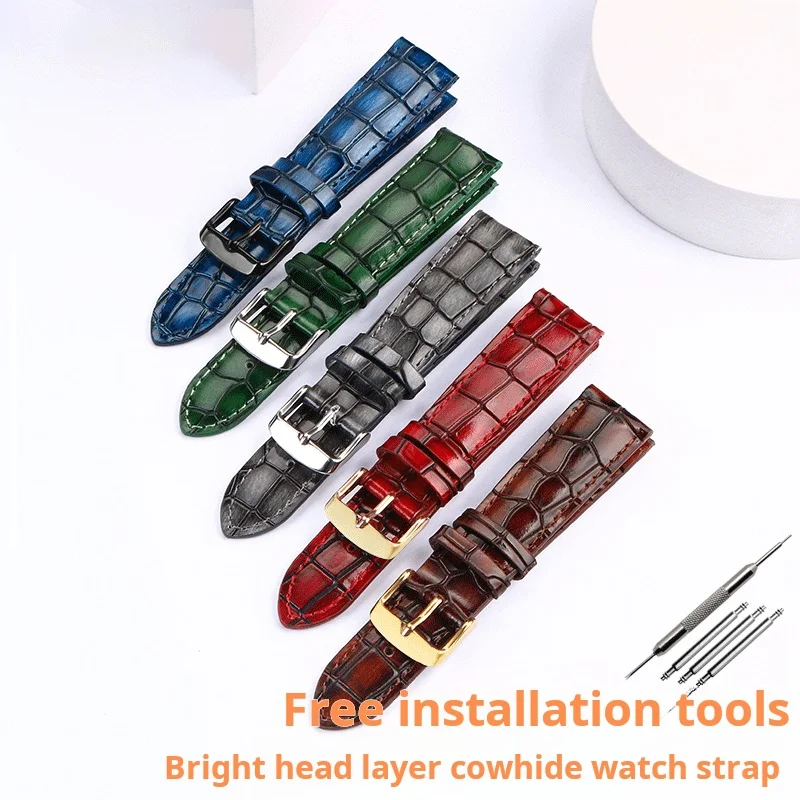 Retro dermis Watch strap For any brand Strap 18 20 22mm Blue green black grey Man Crocodile texture cowhide watchband bracelet