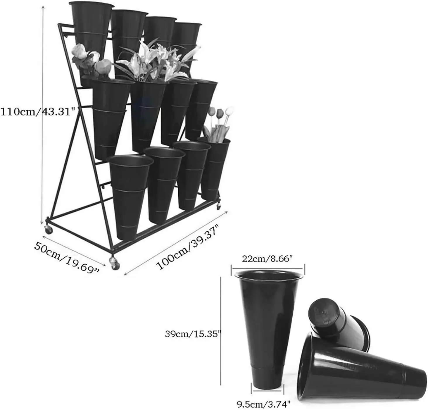 Display Stand with  Plastic Buckets Iron Plant Stand with 4 Universal Wheel, 3-layers Metal Moving Florist Bouquet Shelf for Fre