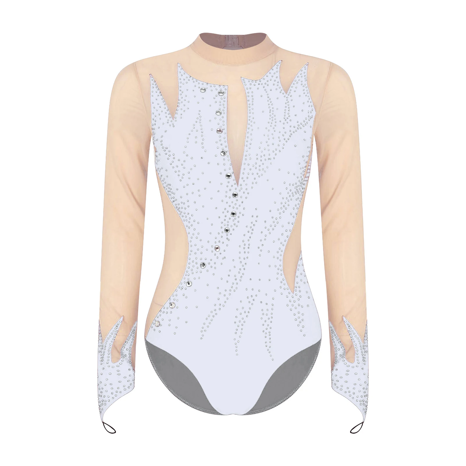 Women Figure Skating Bodysuit Ballet Dance Rhythmic Gymnastics Leotard Long Sleeve Rhinestone Sheer Mesh Performance Dancewear