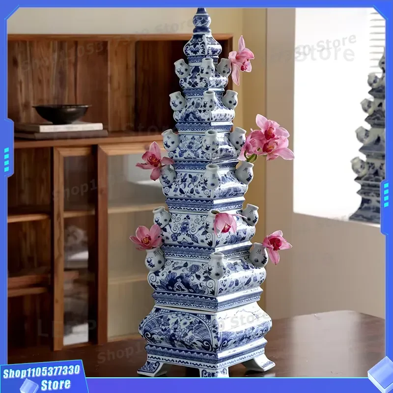 Blue and White Hand Painted Porcelain Tulip Vase Antique Chinese Traditional Pagoda Mold Home Decoration Desktop Contemporary
