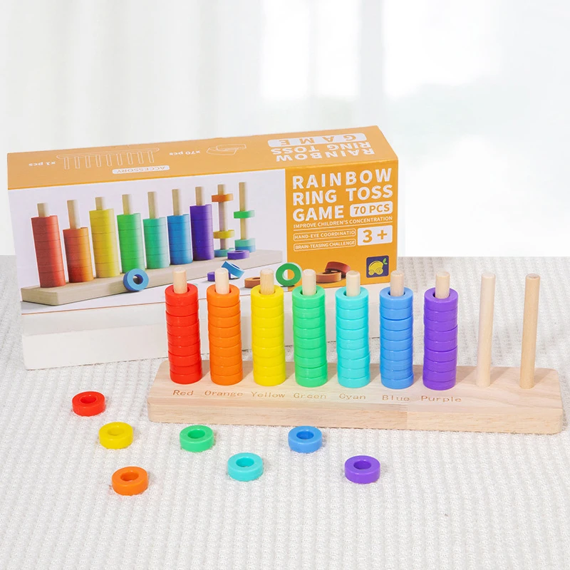 Wooden Color Sorting Stacking Toys Montessori Rainbow Rings Game For Toddlers