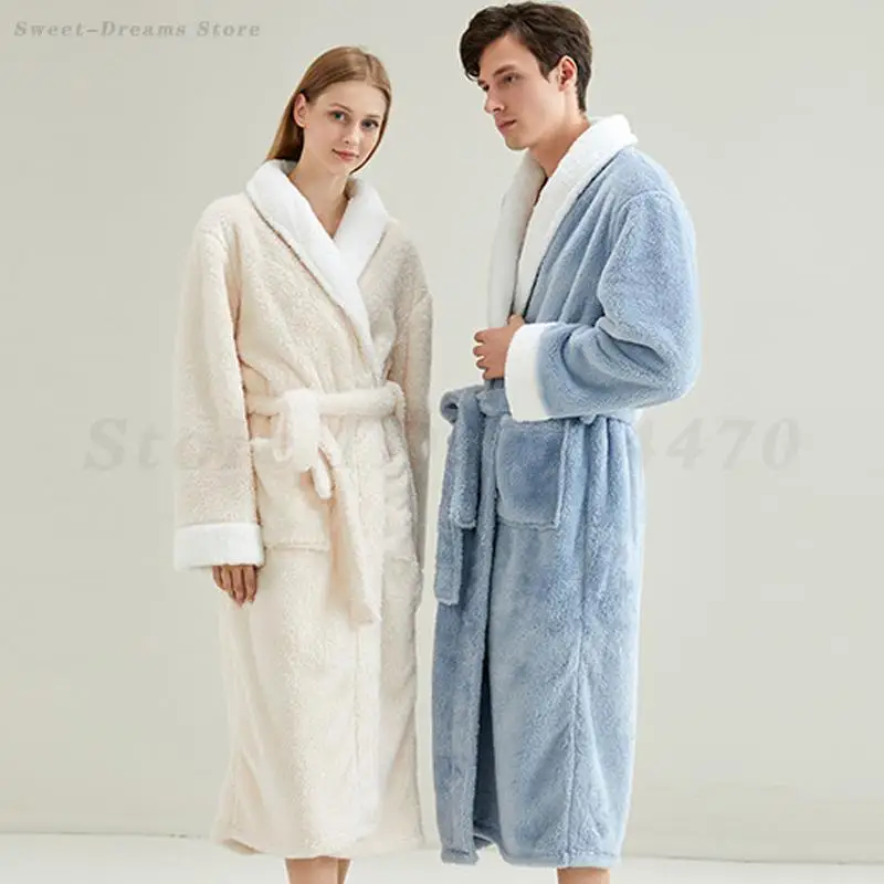 

Soft Thick Nightgown Winter Flannel Sleepwear Couple Bath Robe Kimono Gown Lingerie Coral Fleece Warm Nightwear Home Clothes