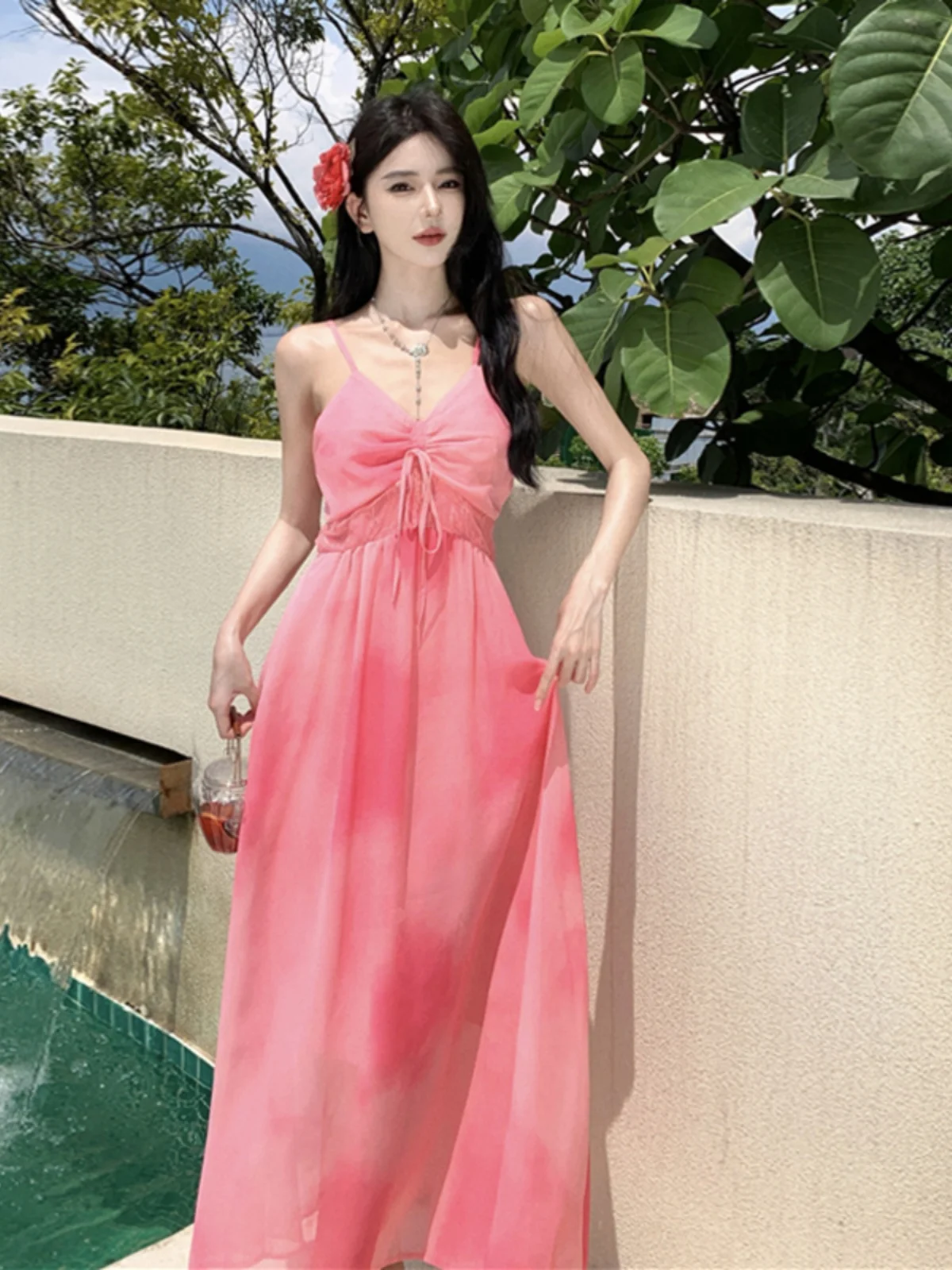 Pink Floral Print Chiffon ter Dr A-Line Skirt Summer Vaion Sle White Slimming Effect Sanya Travel ential V-Ne