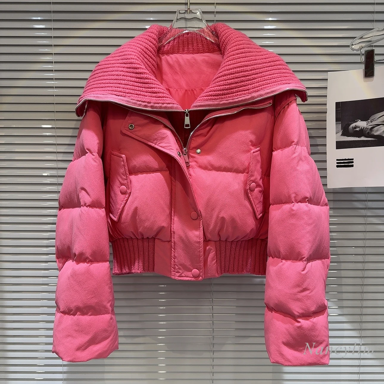 2023 Winter New Rose Pink Coat Women Knitted Collar Double Zipper Design Warm Down Liner Jacket Coat for Women