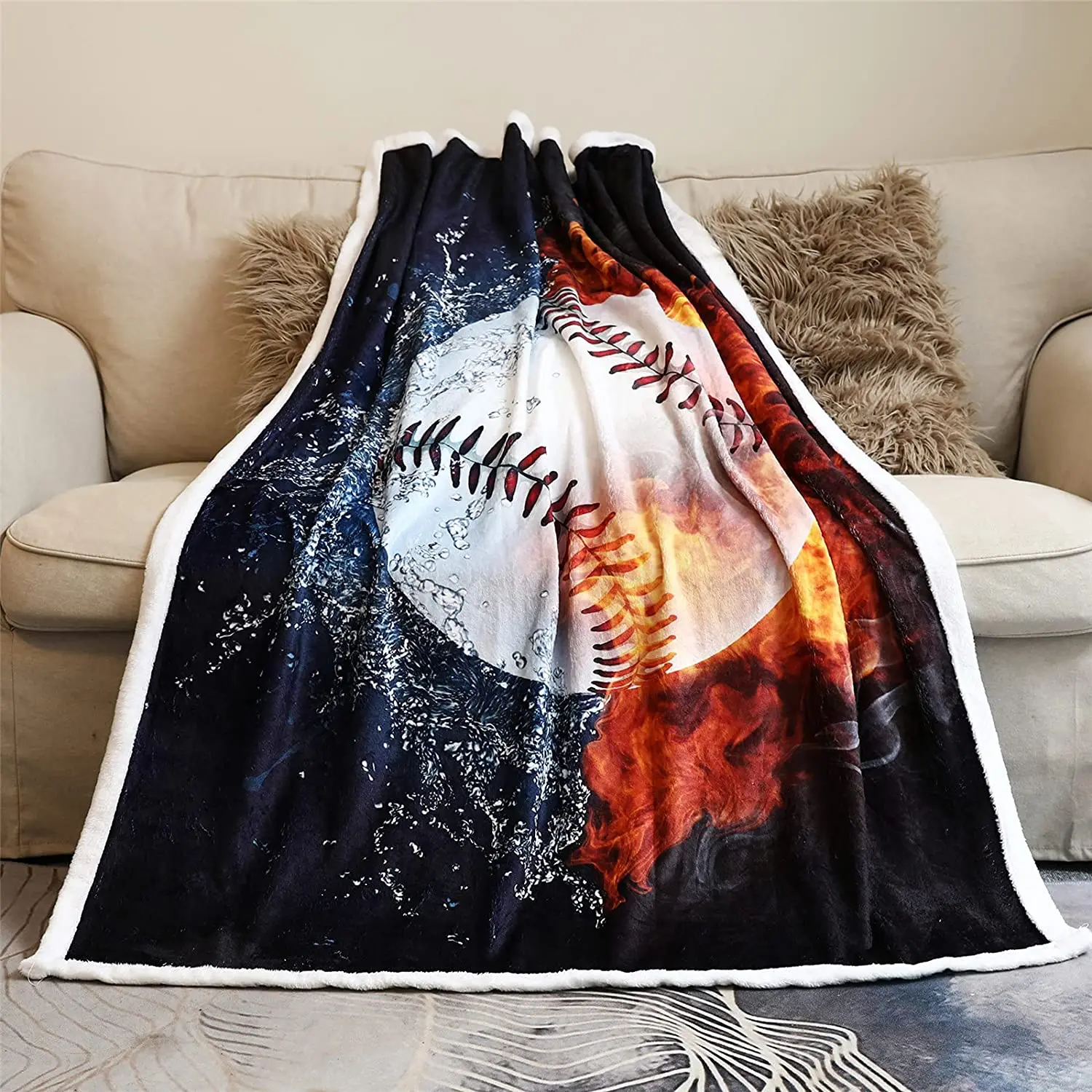 Baseball Blanket 3D Print Throw Blanket White Ball in Fire and Water Flannel Soft Plush Sport Throw for Kids Boys All Season