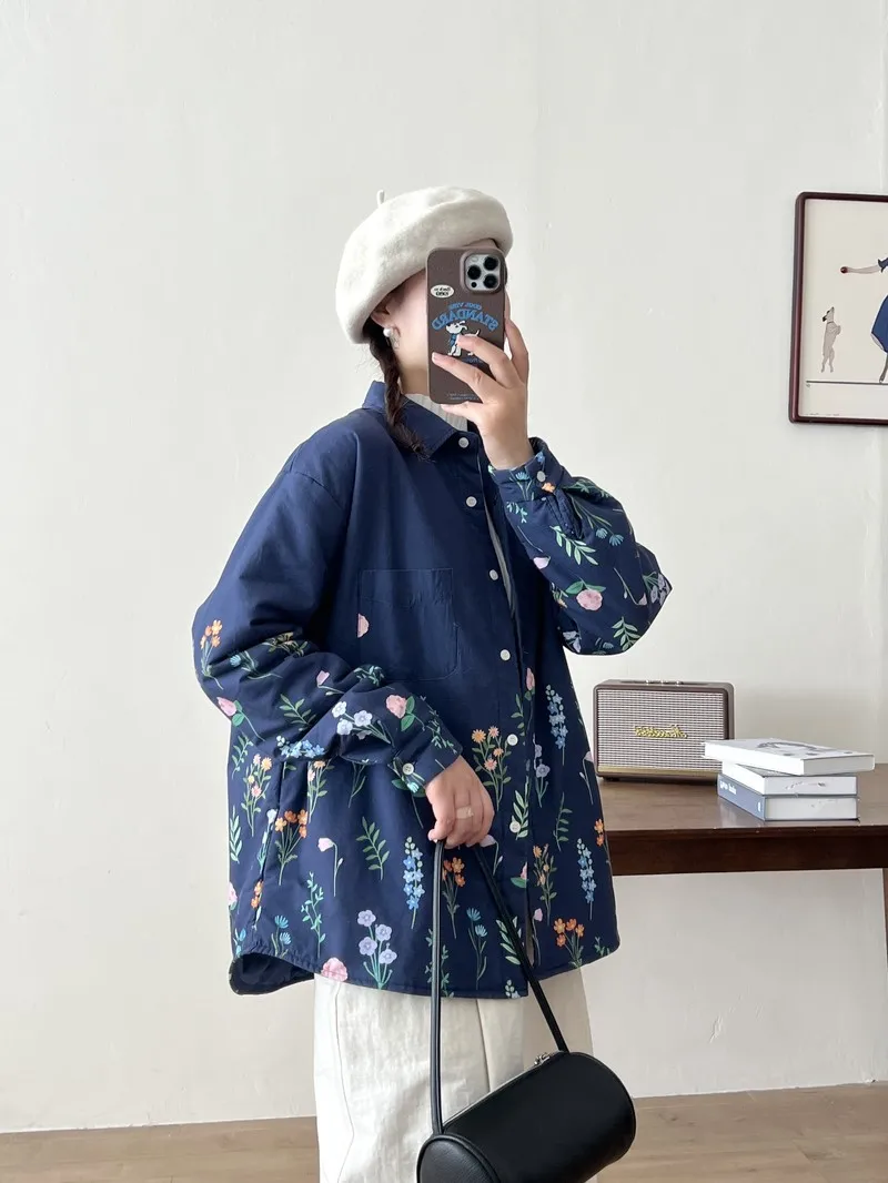 Japanese Sweet Mori Girl Floral Printed Cotton Padded Shirts Women Autumn Winter Long Sleeve Warm Loose Prairie Chic Outerwear