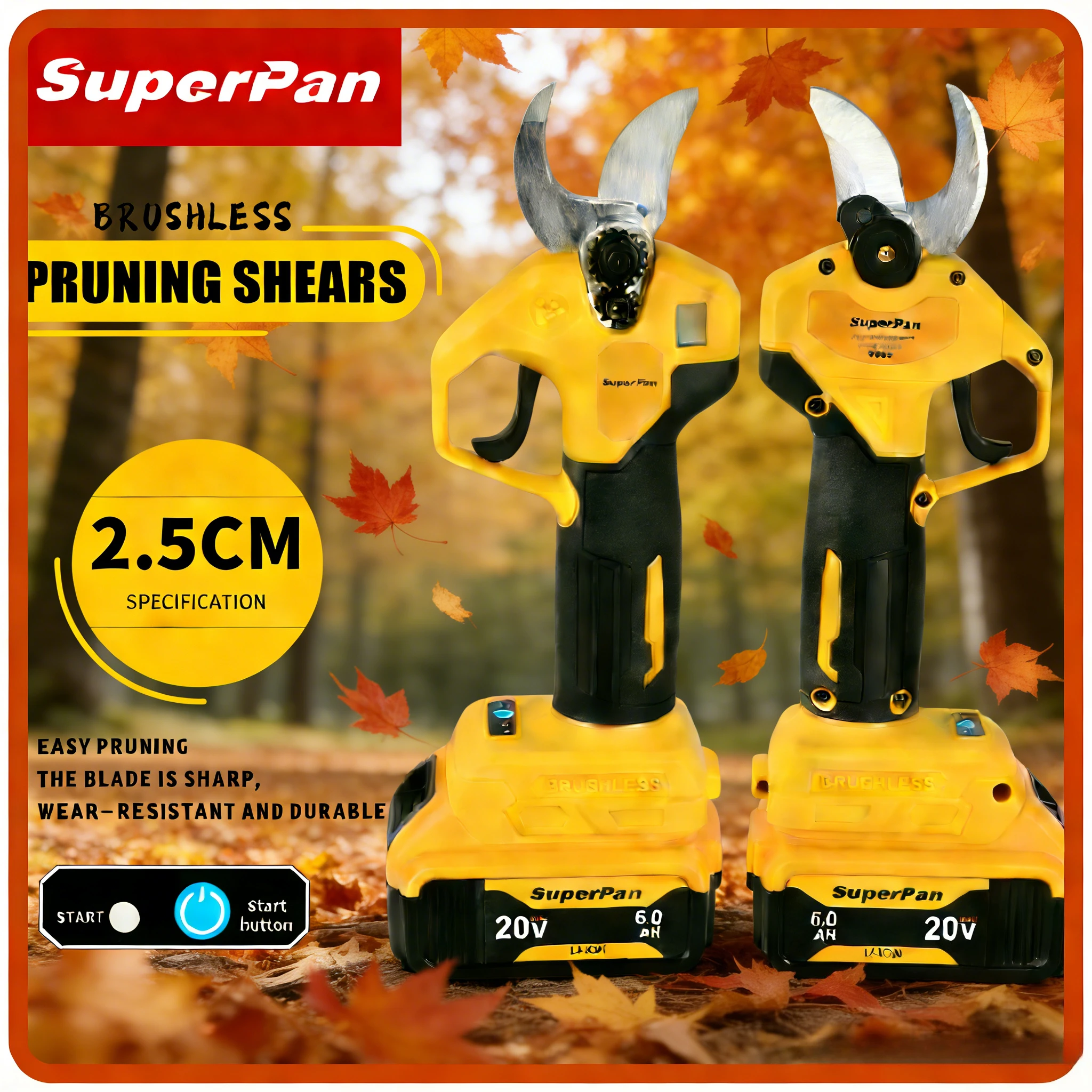 

Электрические секаторы SuperPan с бесщеточным двигателем, противоскользящей рукояткой для обрезки сада, совместимые с аккумулятором DeWalt 20V.