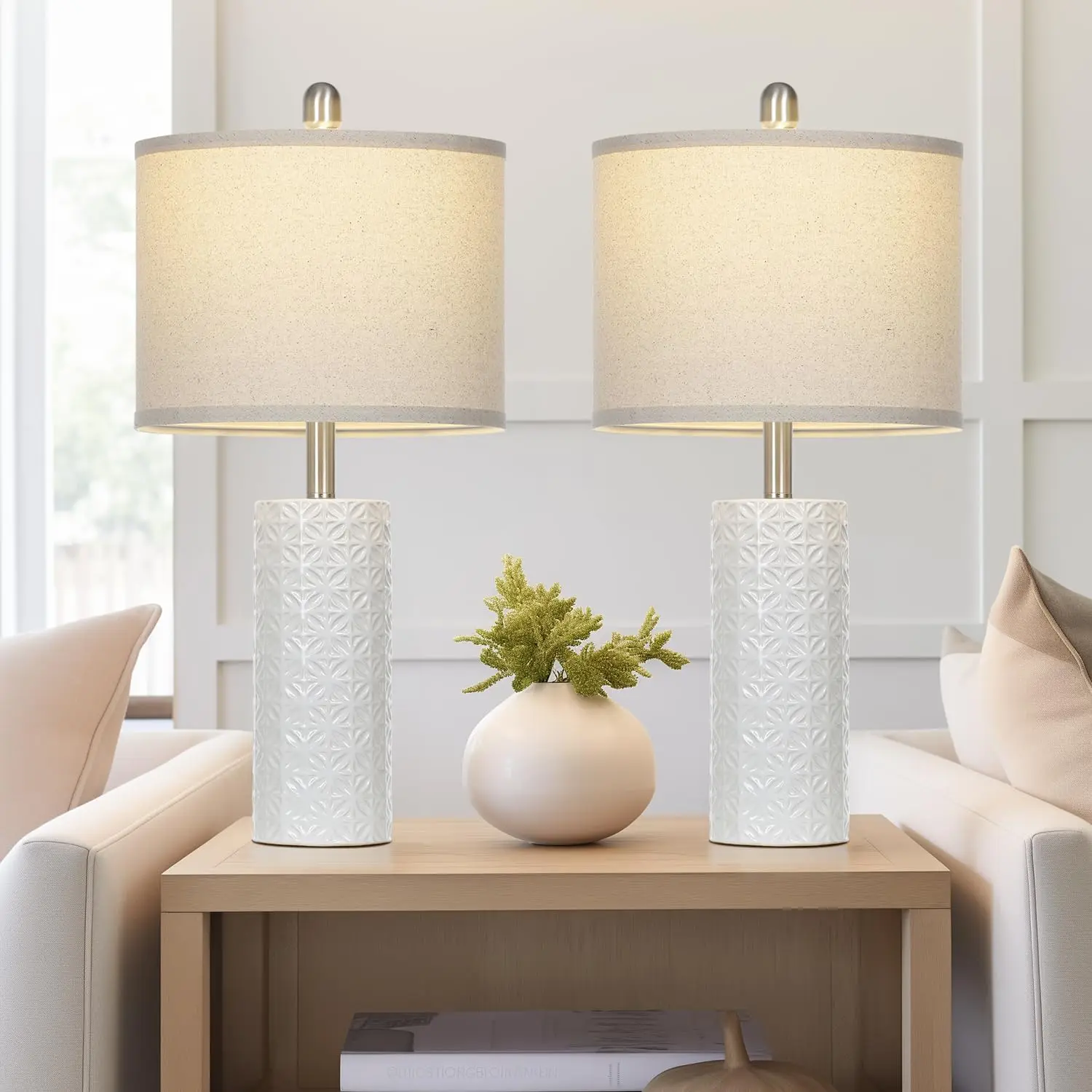 24.5 "" โคมไฟตั้งโต๊ะเซรามิกสำหรับห้องนั่งเล่นโคมไฟสำหรับยืนกลางคืนชุดโคมไฟ nightstand ทันสมัย2ชิ้นโคมไฟห้องนอนสำหรับข้างเตียง