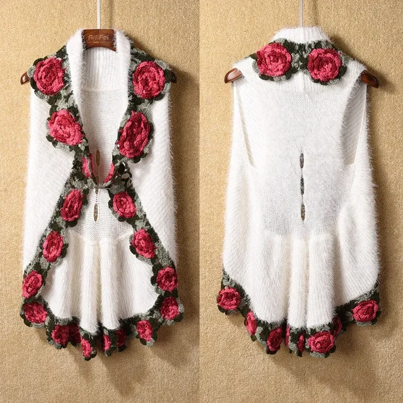 Elegant Luxury Mohair Knitwear Sleeveless Tank Vest Stitch Embroidery Floral Crochet Knitted Sweater Cardigan Wrap Swing Jumper