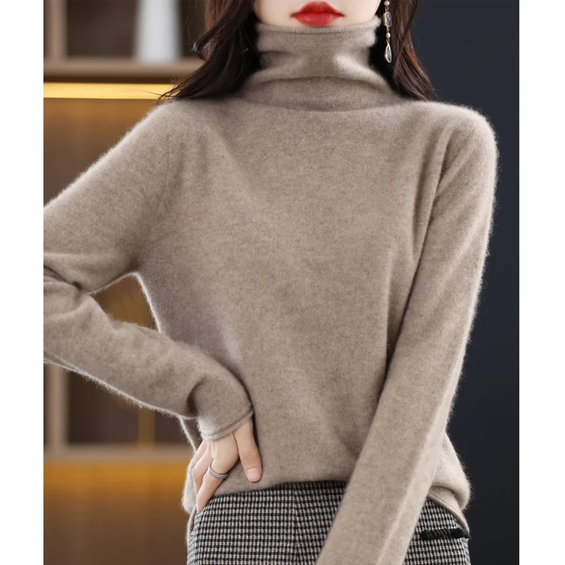 23 Autumn And Winter New Woolen Sweater Women's High Neck Pullover Long Sleeve 100% Pure Wool Age Reducing Solid Color Knitwear